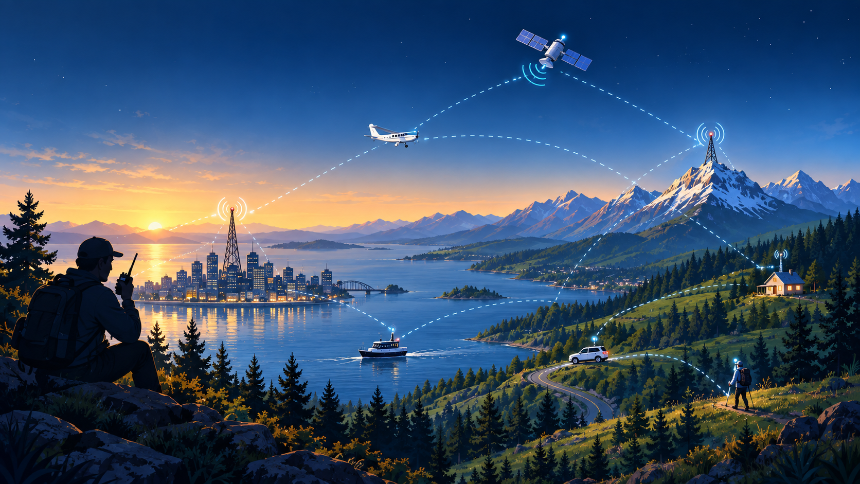 APRS radio links connecting a hiker, a city, vehicles, an aircraft and a satellite.